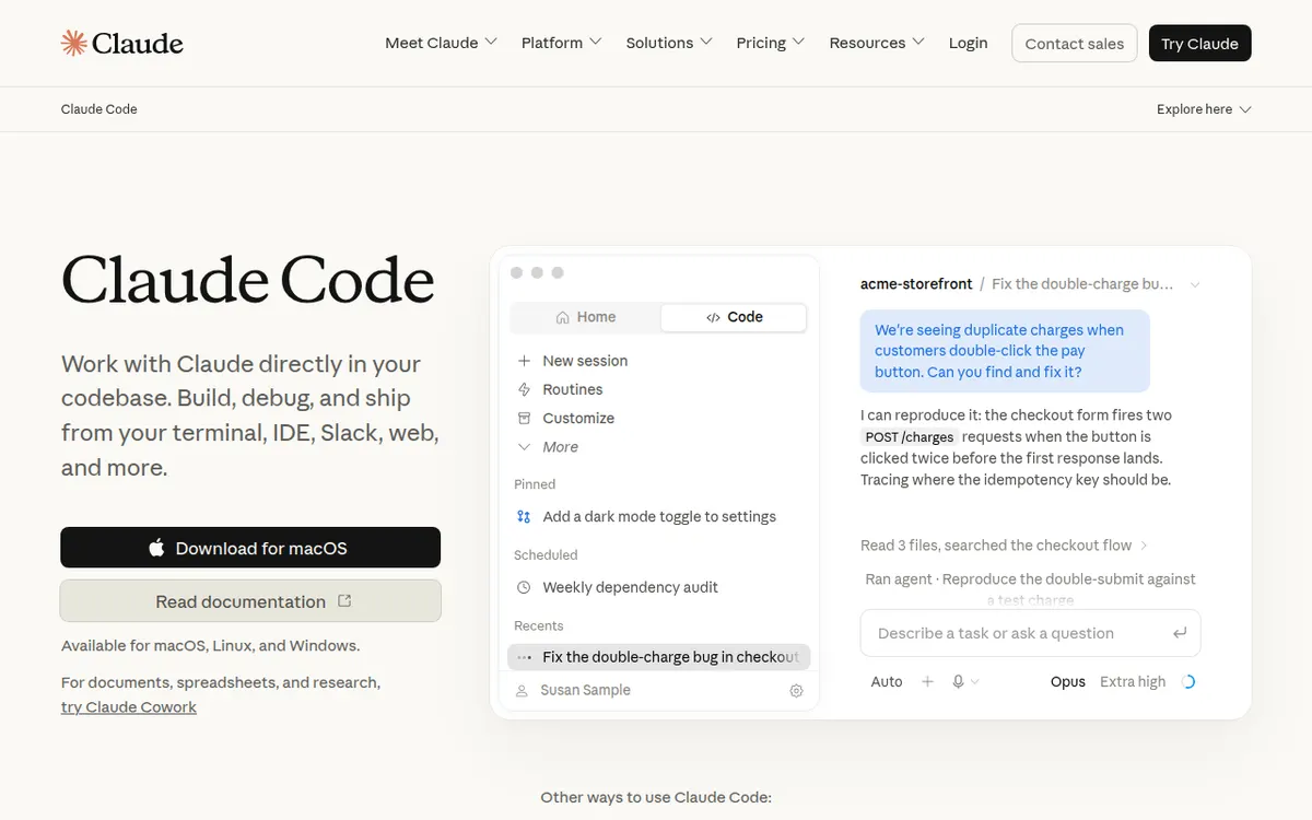 Homepage van Claude Code