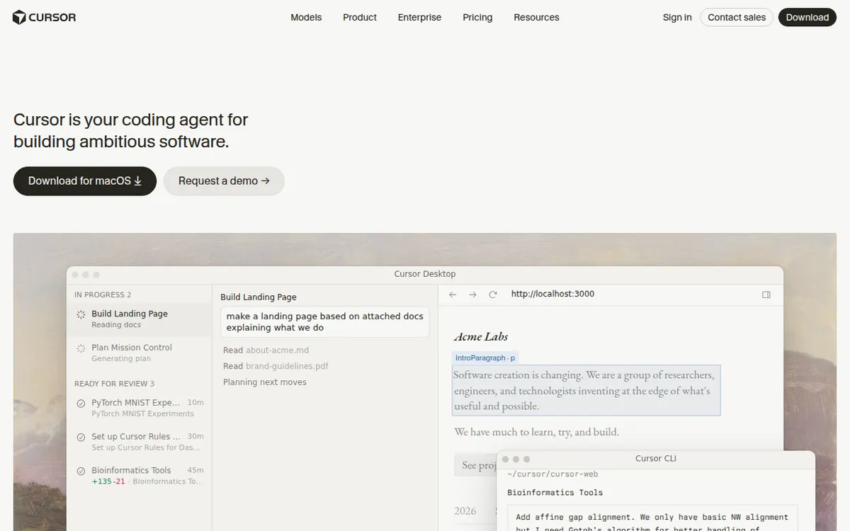 Homepage van Cursor