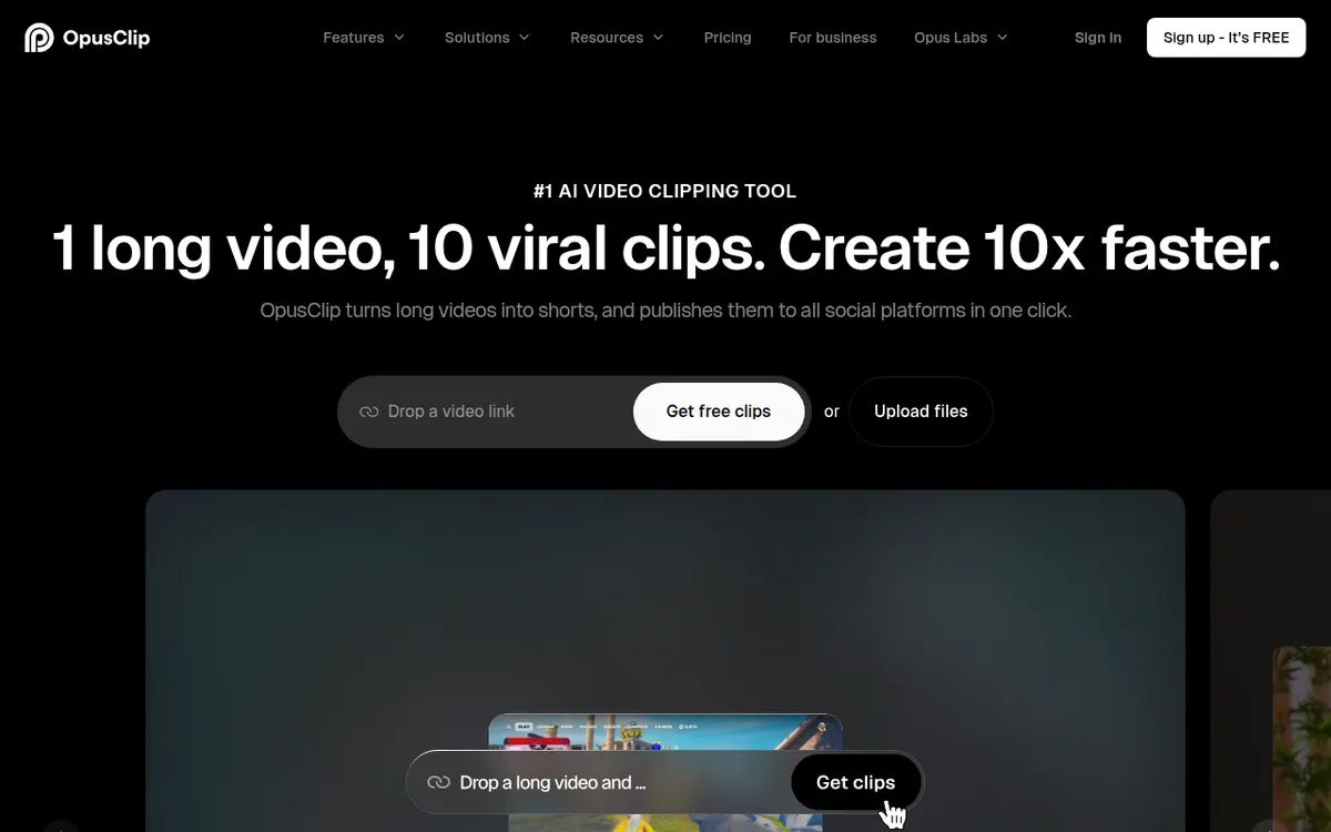 Homepage van Opus Clip