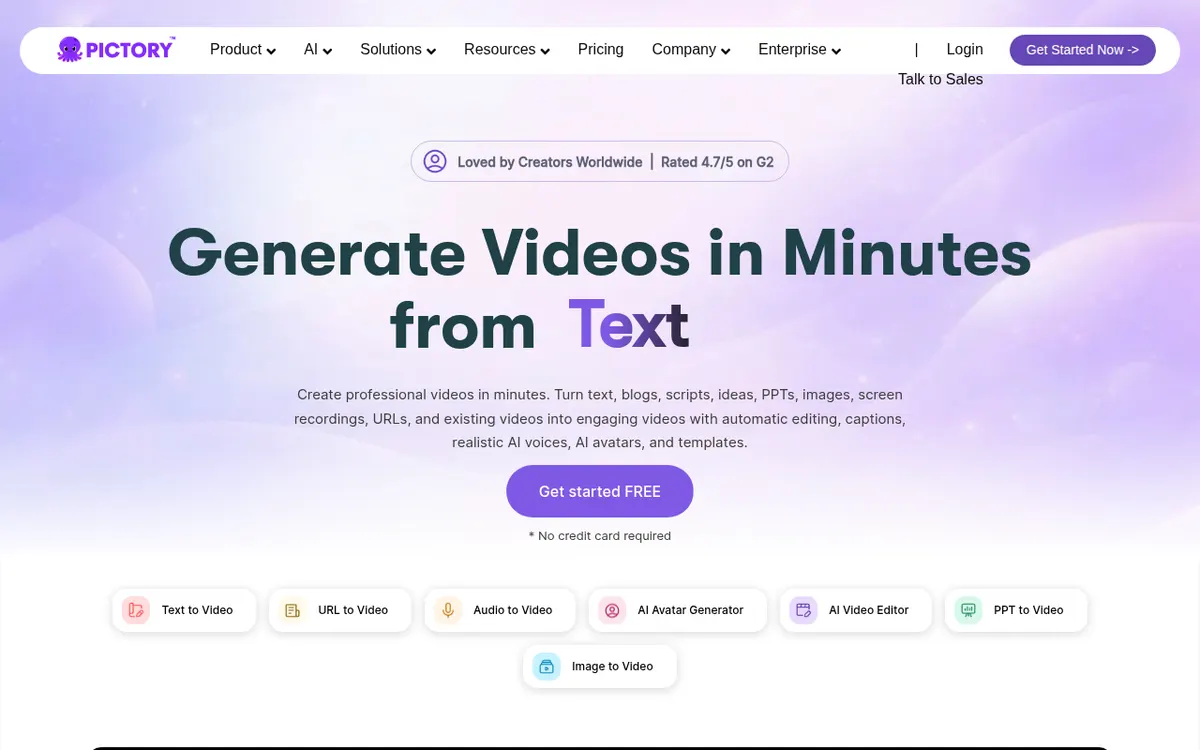 Homepage van Pictory