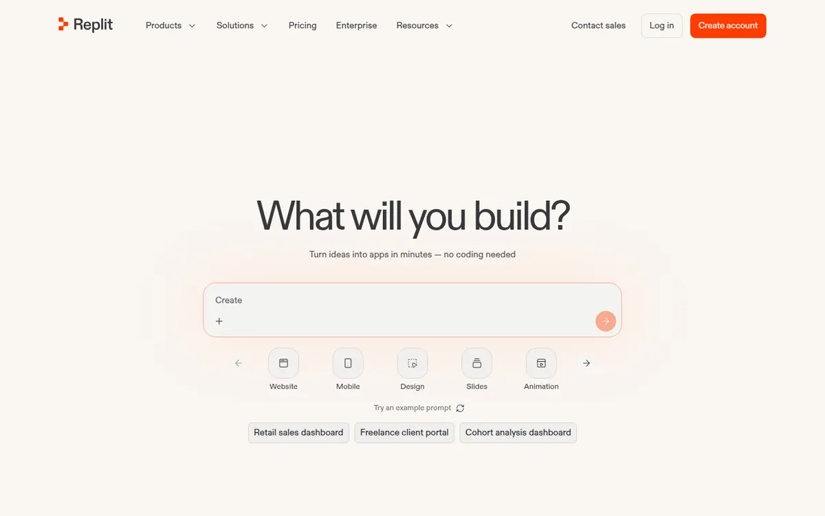 Homepage van Replit
