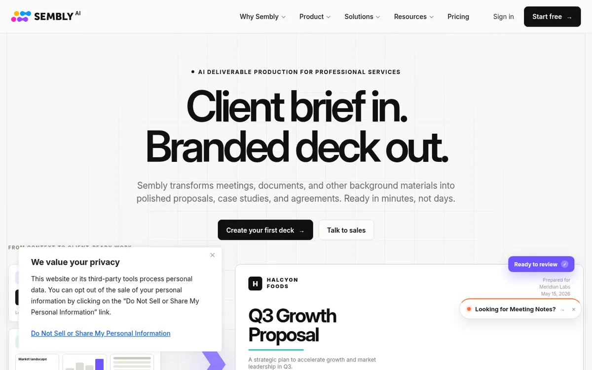 Homepage van Sembly AI