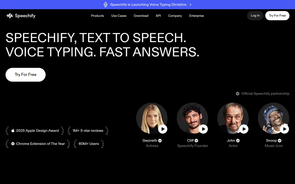 Homepage van Speechify